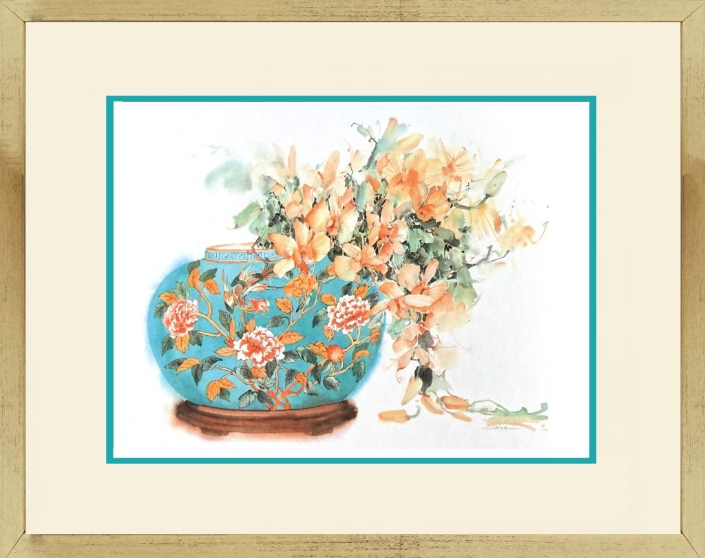 Watercolour Painting of a Turquoise Peranakan Jardiniere Vase with Flowers by Clara Hung Mei Yee